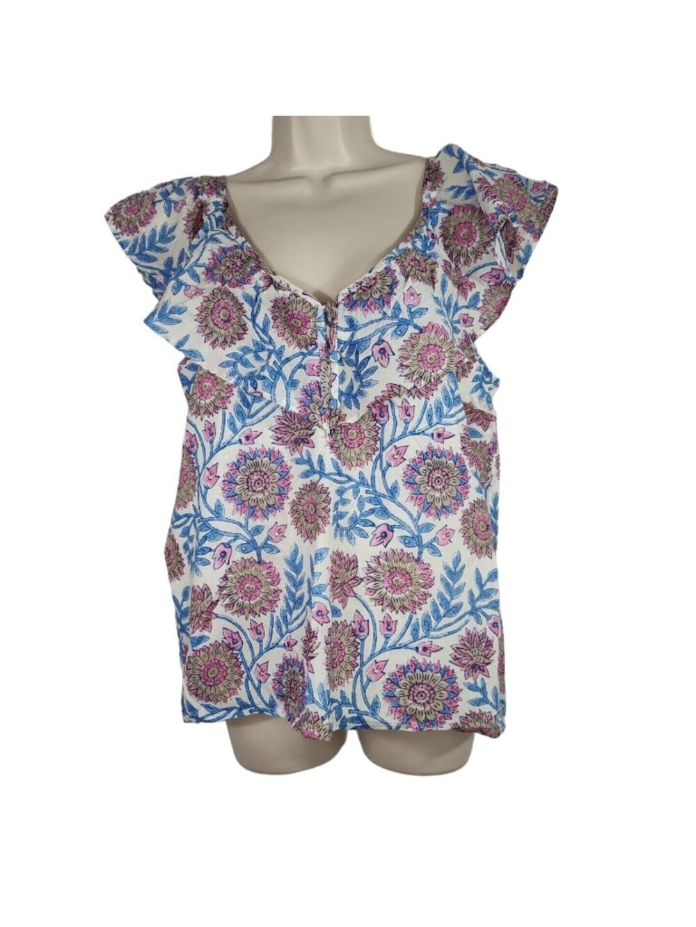 J Crew Re-Imagined Blue PInk Floral Ruffle V-neck Top Women Size S AN768 NEW